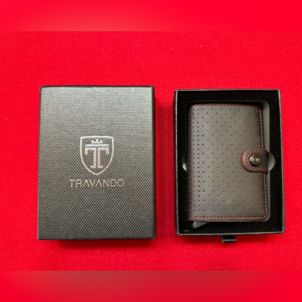 Travando Men's Slim Black Red Leather Button Minimalist Swype Wallet